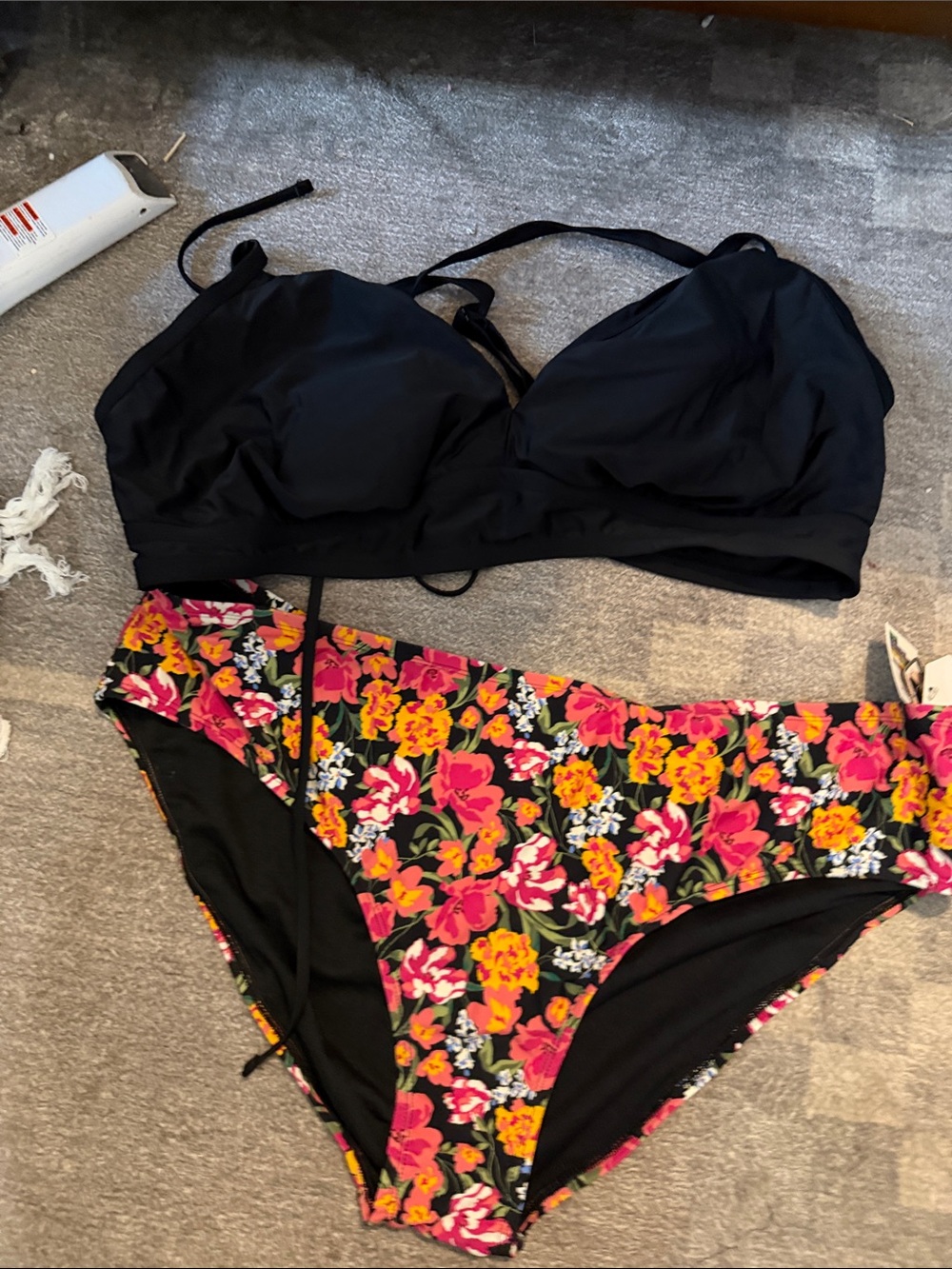 Women’s Black Bikini Top with Floral Bikini Bottom - Two-Piece Swim Set